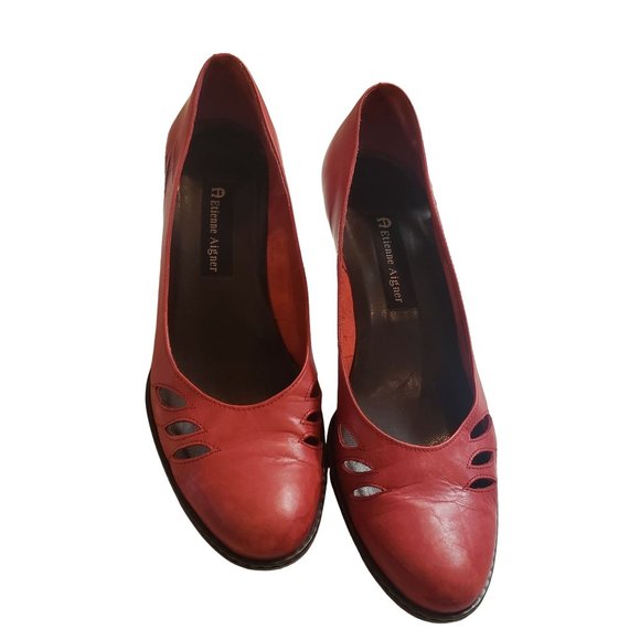 Etienne Aigner leather Heels size 8.5 40's inspired cutout red block heel - Picture 4 of 11